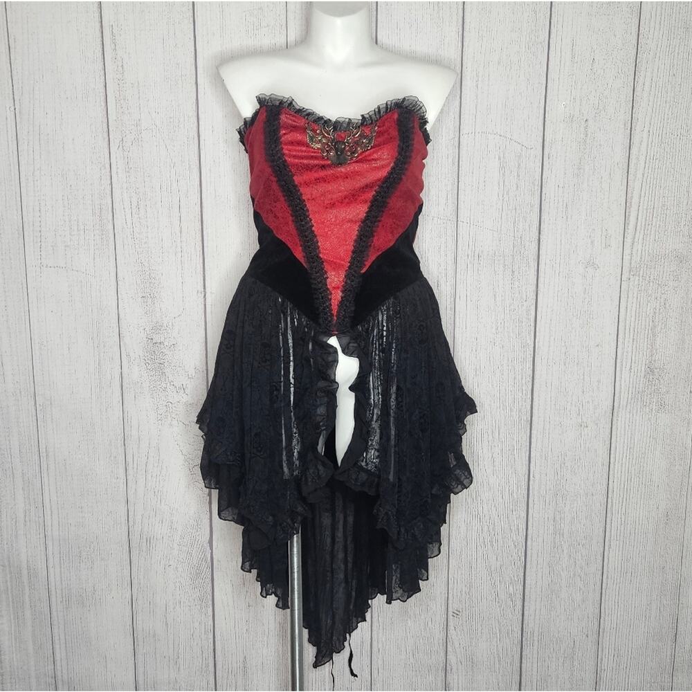 Devil Fashion Steampunk Basque Corset Top with Lace Skirt & Bustle, size M/L